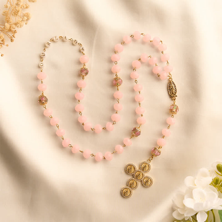 Christianartworkshop Pale Pink Faceted Jade Glass Rosary With Personalized Letter Beads & Floral Accents - image 6