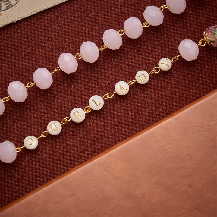 Christianartworkshop Pale Pink Faceted Jade Glass Rosary With Personalized Letter Beads & Floral Accents - image 7