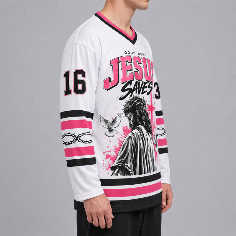 Christianartworkshop John 316 Jesus Saves White Long Sleeve Hockey Jersey - image 6
