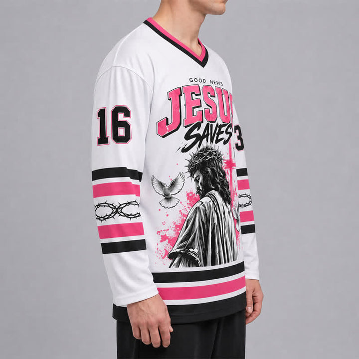 Christianartworkshop John 316 Jesus Saves White Long Sleeve Hockey Jersey - image 6