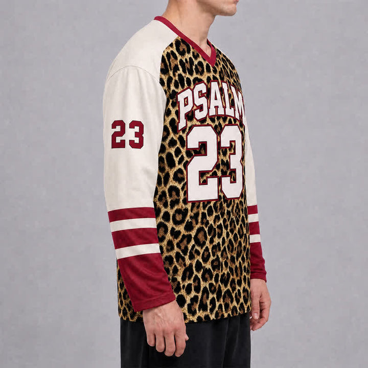 Christianartworkshop Psalm 23 Leopard Print Varsity Long Sleeve Hockey Jersey - image 6
