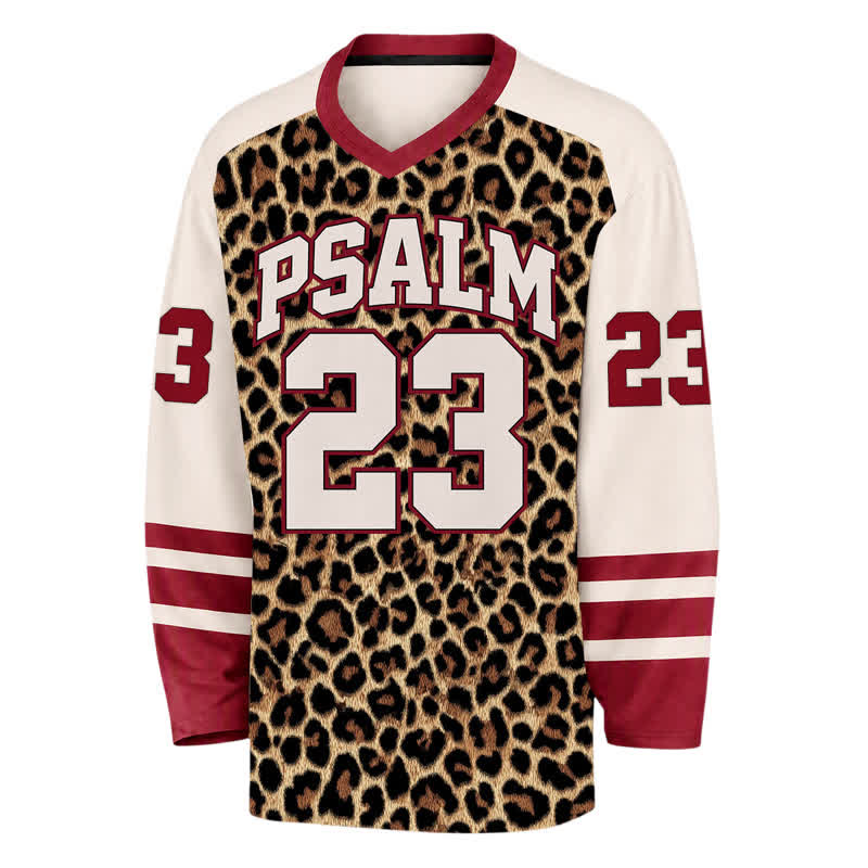 Christianartworkshop Psalm 23 Leopard Print Varsity Long Sleeve Hockey Jersey - image 2