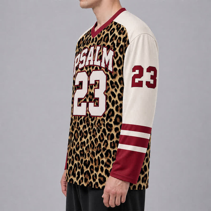 Christianartworkshop Psalm 23 Leopard Print Varsity Long Sleeve Hockey Jersey - image 5