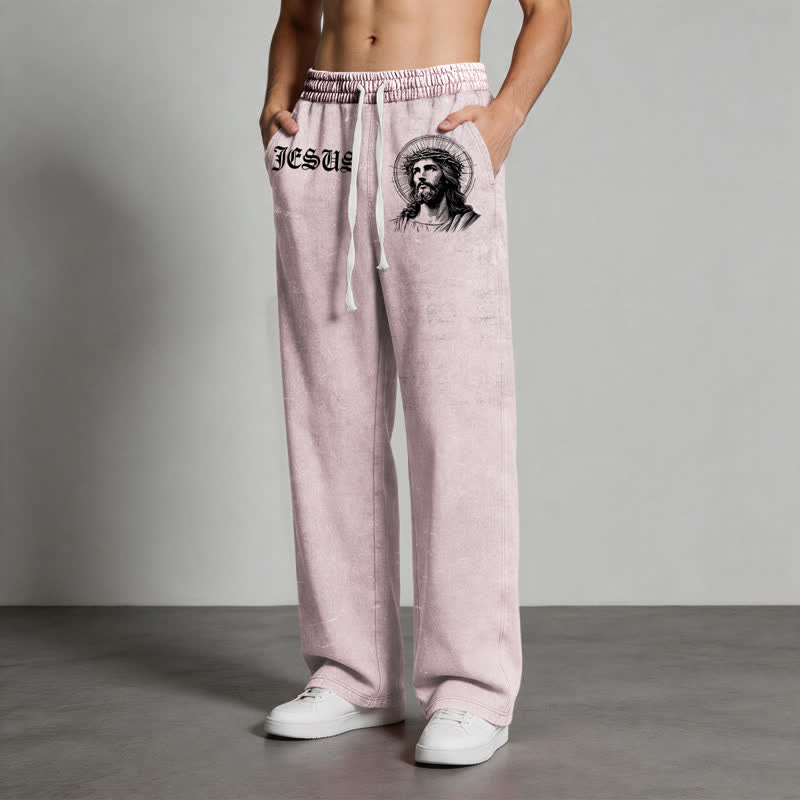 Christianartworkshop Jesus Portrait Gothic Script Blush Washed Sweatpants - image 4