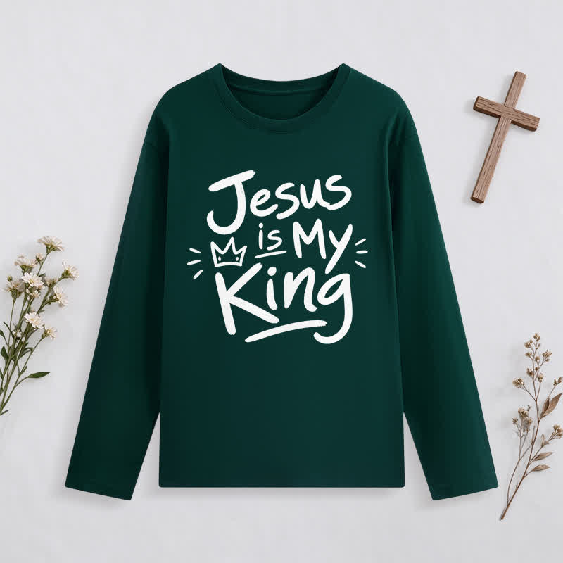 Christianartworkshop Jesus Is My King Crown Graphic Long Sleeve T Shirt - Dark Green - 4XL - image 3