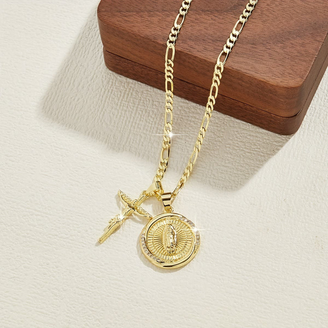Christianartworkshop Double Pendant Necklace with Zircon-Encircled Our Lady Medallion & Polished Cross Charm - image 9