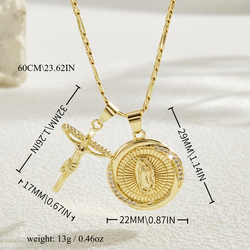 Christianartworkshop Double Pendant Necklace with Zircon-Encircled Our Lady Medallion & Polished Cross Charm - image 10